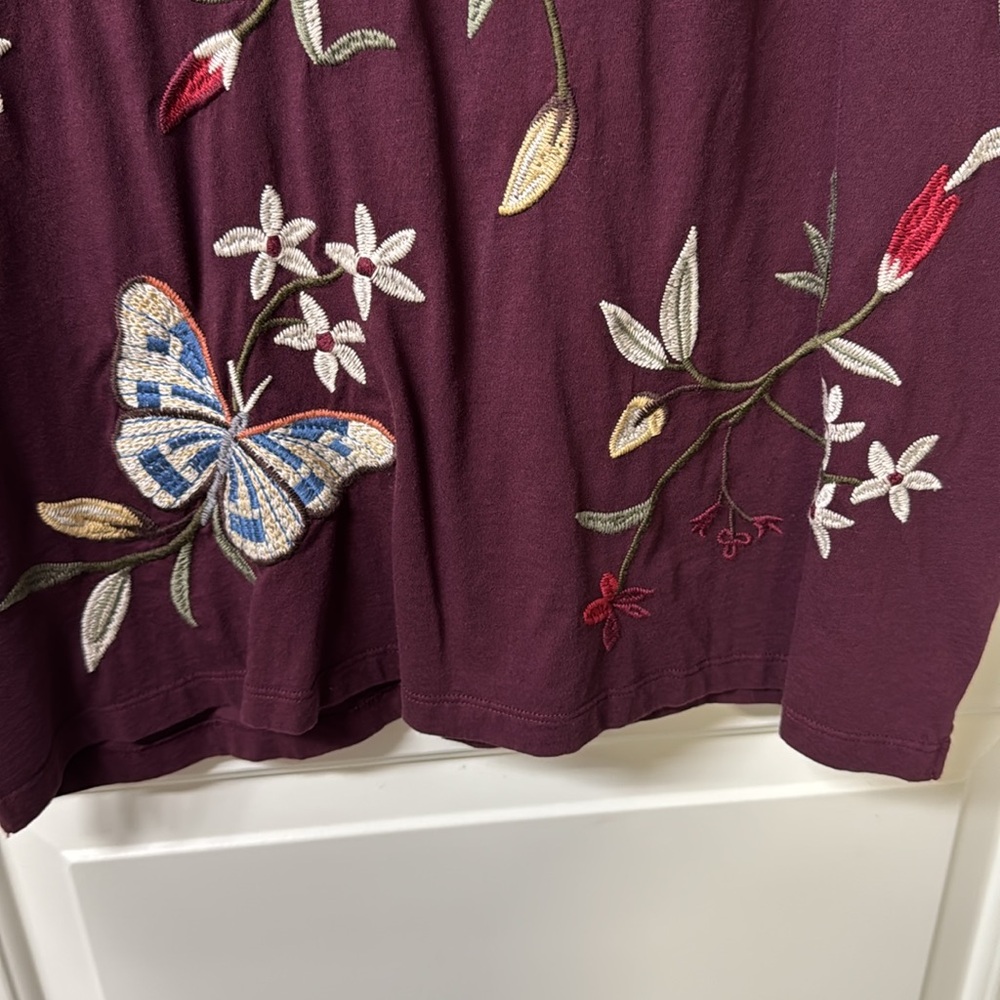 Johnny Was Burgundy Short Sleeve Tee with Floral and Butterfly Design - Picture 5 of 6